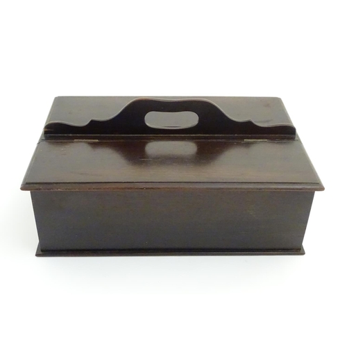 487 - An 18thC dark patinated and hinge lidded mahogany cutlery box with central handle flanked by two com... 