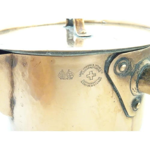 497 - Chef's cookingware : a box containing a large quantity of LEON JAEGGIA & SONS COPPERSMITHS, LONDON &... 