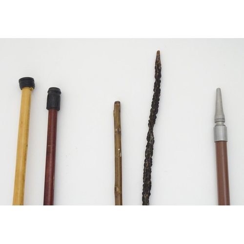 506 - Walking Sticks: An assortment of 5 sticks, to include a carved horn Witchelm stick in the form of a ... 