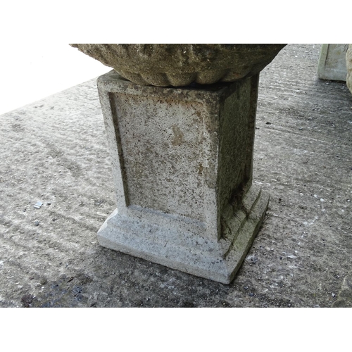 531 - A reconstituted stone urn with associated squared plinth , 25'' high