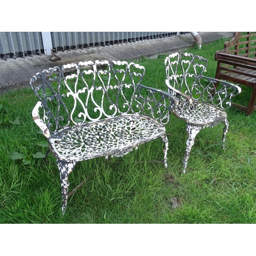 537 - Garden & Architectural , Salvage : A mid - late 20thC painted cast metal alloy bench and chair ,meas... 