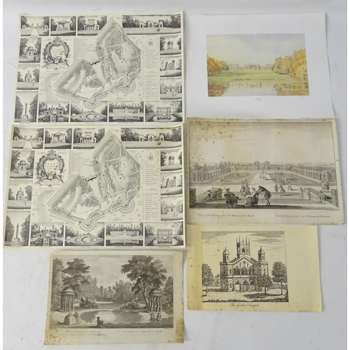 714 - Stowe, Bucks, An assortment of monochrome engravings, 'A View of the Grotto & two Shell Temples...',... 