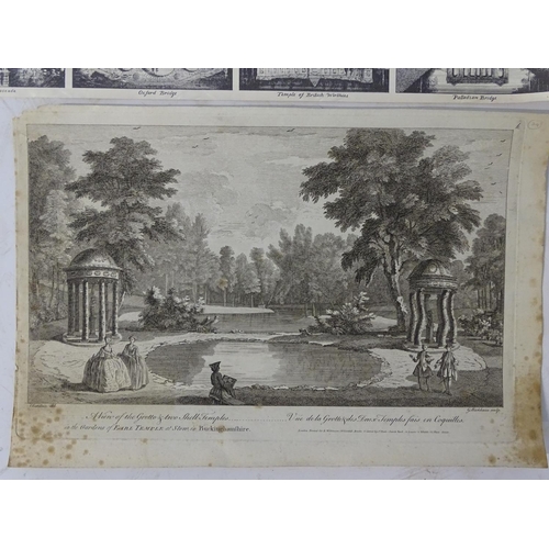 714 - Stowe, Bucks, An assortment of monochrome engravings, 'A View of the Grotto & two Shell Temples...',... 