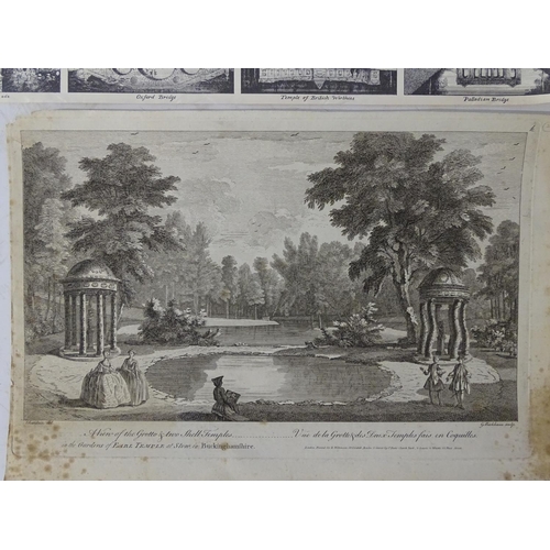 714 - Stowe, Bucks, An assortment of monochrome engravings, 'A View of the Grotto & two Shell Temples...',... 