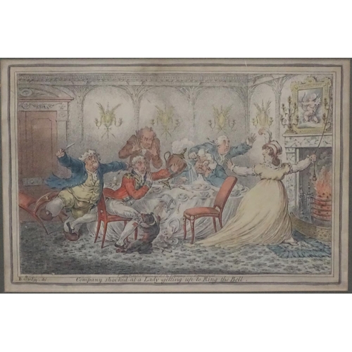 716 - James Gillray (1757-1815), 1804 hand coloured etching political cartoon,  'Company shocked at a lady... 