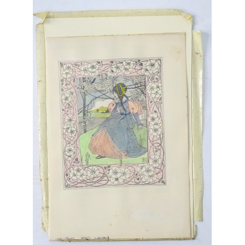 718 - Ethel Larcombe (1876-1940), Hand coloured print, Art Nouveau seated figure, Monogrammed lower right.... 