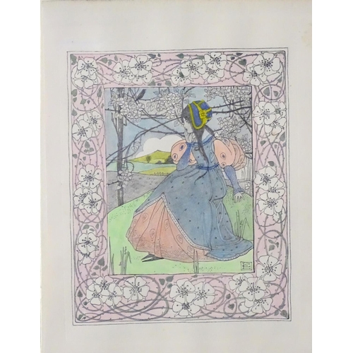 718 - Ethel Larcombe (1876-1940), Hand coloured print, Art Nouveau seated figure, Monogrammed lower right.... 