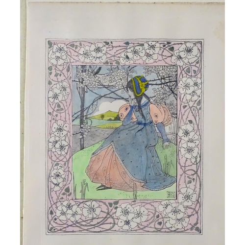 718 - Ethel Larcombe (1876-1940), Hand coloured print, Art Nouveau seated figure, Monogrammed lower right.... 