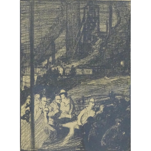 724 - After 'FJ', Monochrome print, Figures in an industrial view, Intialled lower right. 12 x 9''