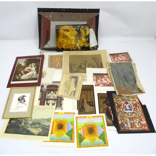 726 - Folio : a folder containing a quantity of assorted engravings, coloured mezzotints, watercolours etc... 