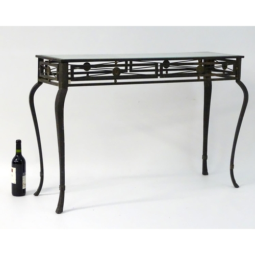 734 - Vintage Retro: a powder coated hall table with plate glass top, ornate cabriole legs and frieze deco... 