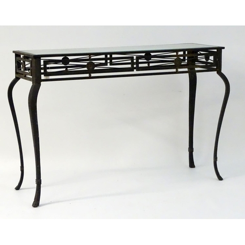 734 - Vintage Retro: a powder coated hall table with plate glass top, ornate cabriole legs and frieze deco... 