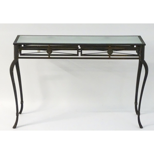 734 - Vintage Retro: a powder coated hall table with plate glass top, ornate cabriole legs and frieze deco... 