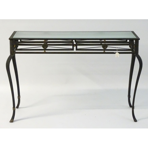 734 - Vintage Retro: a powder coated hall table with plate glass top, ornate cabriole legs and frieze deco... 