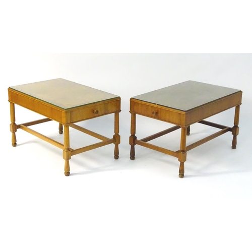 751 - Vintage Retro: a pair of mid century walnut end tables with Teak lining, plate glass tops and drawer... 