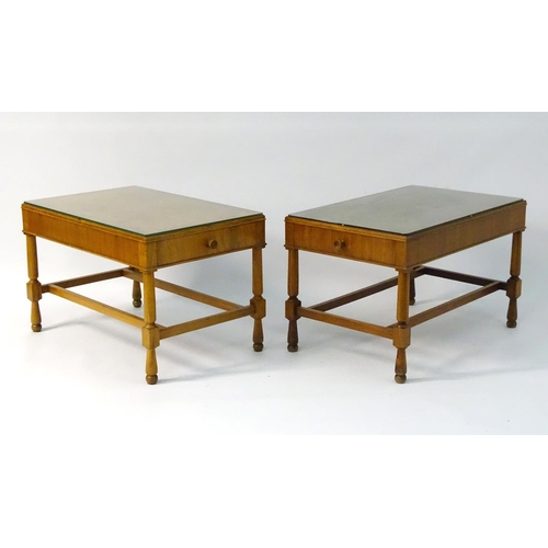 751 - Vintage Retro: a pair of mid century walnut end tables with Teak lining, plate glass tops and drawer... 