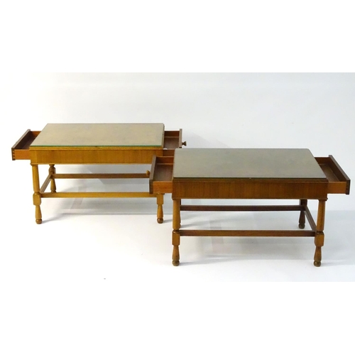 751 - Vintage Retro: a pair of mid century walnut end tables with Teak lining, plate glass tops and drawer... 