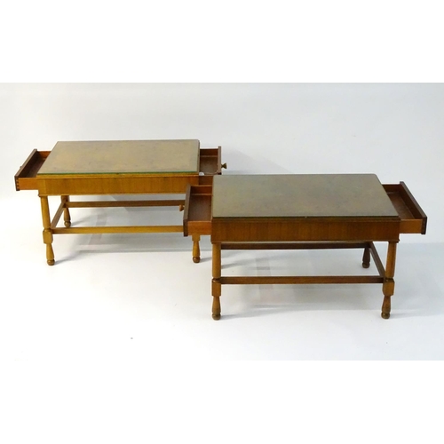 751 - Vintage Retro: a pair of mid century walnut end tables with Teak lining, plate glass tops and drawer... 