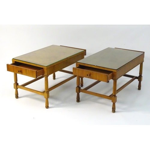 751 - Vintage Retro: a pair of mid century walnut end tables with Teak lining, plate glass tops and drawer... 