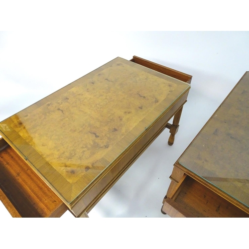 751 - Vintage Retro: a pair of mid century walnut end tables with Teak lining, plate glass tops and drawer... 