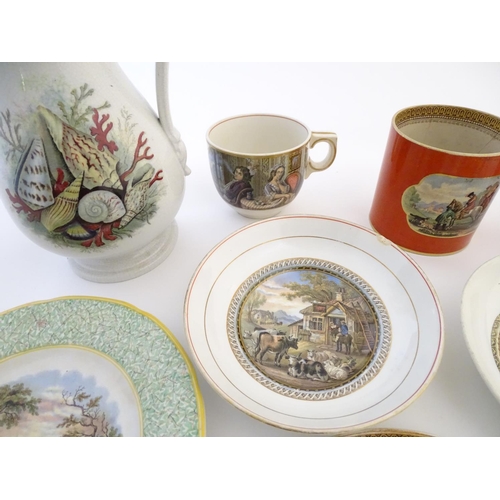 82 - A quantity of Prattware items, comprising two large mugs, and a smaller mug decorated with rural sce... 