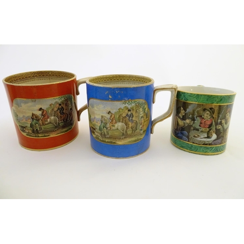 82 - A quantity of Prattware items, comprising two large mugs, and a smaller mug decorated with rural sce... 