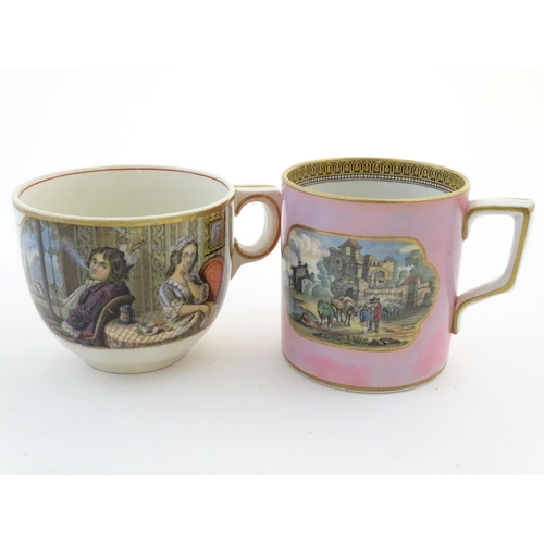 82 - A quantity of Prattware items, comprising two large mugs, and a smaller mug decorated with rural sce... 