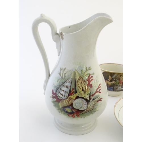 82 - A quantity of Prattware items, comprising two large mugs, and a smaller mug decorated with rural sce... 