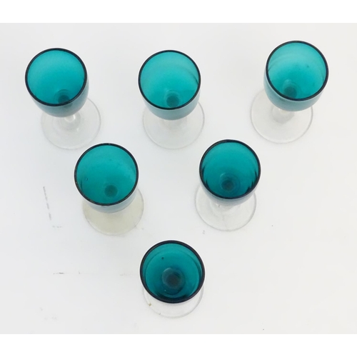 97 - Glass : a set of 6 green / Turquoise pedestal wine glasses with clear glass stems and feet, 4 7/8'' ... 