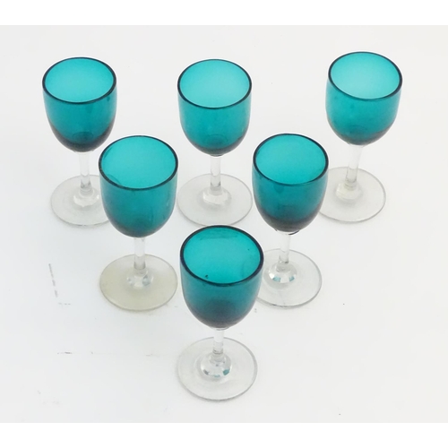 97 - Glass : a set of 6 green / Turquoise pedestal wine glasses with clear glass stems and feet, 4 7/8'' ... 