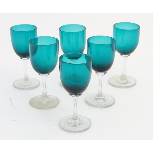 97 - Glass : a set of 6 green / Turquoise pedestal wine glasses with clear glass stems and feet, 4 7/8'' ... 