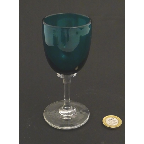 97 - Glass : a set of 6 green / Turquoise pedestal wine glasses with clear glass stems and feet, 4 7/8'' ... 