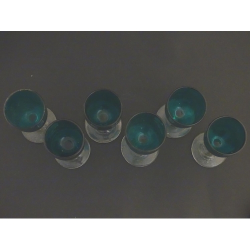 97 - Glass : a set of 6 green / Turquoise pedestal wine glasses with clear glass stems and feet, 4 7/8'' ... 