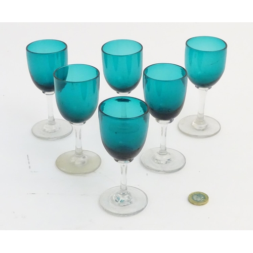 97 - Glass : a set of 6 green / Turquoise pedestal wine glasses with clear glass stems and feet, 4 7/8'' ... 