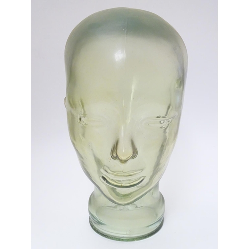 98 - A mid- late 20thC Aqua-glass head, used for hat / wig advertising display, 11 1/2'' high