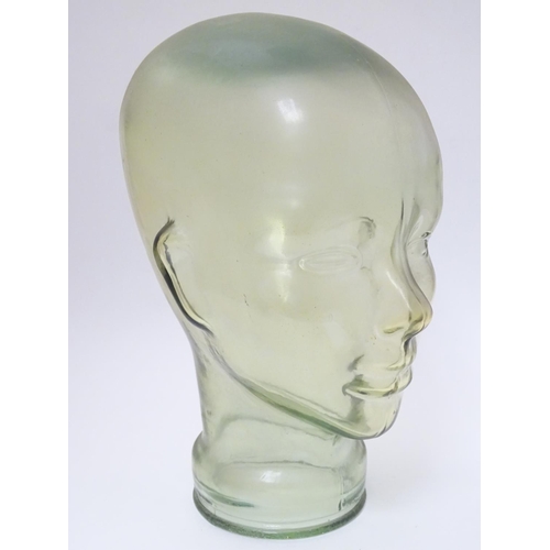 98 - A mid- late 20thC Aqua-glass head, used for hat / wig advertising display, 11 1/2'' high