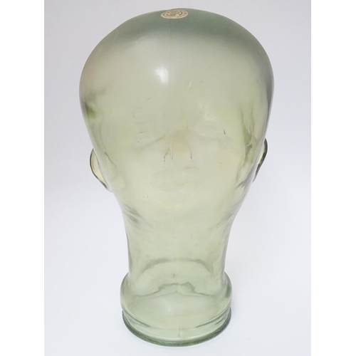 98 - A mid- late 20thC Aqua-glass head, used for hat / wig advertising display, 11 1/2'' high