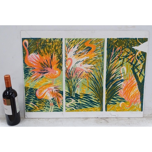 112 - A tryptic print of flamingos, signed lower right