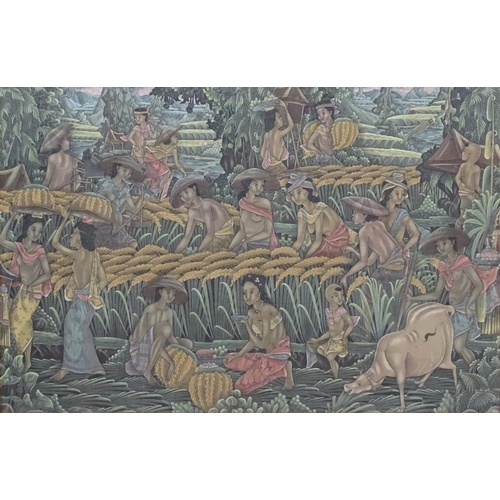 118 - Indistinctly signed Balinese, 1969, Cloth painting laid on board, Figures working and harvesting the... 