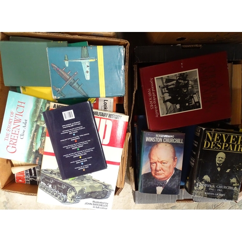 122 - 5 boxes of assorted books on the subject of warfare and history.