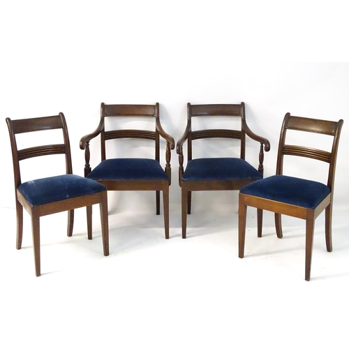 15 - A set of four 19thC mahogany dining chairs with curved top rail, chamfered mid rail and scrolled arm... 