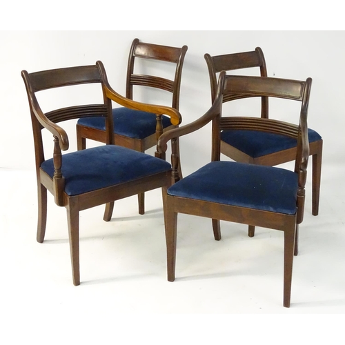 15 - A set of four 19thC mahogany dining chairs with curved top rail, chamfered mid rail and scrolled arm... 