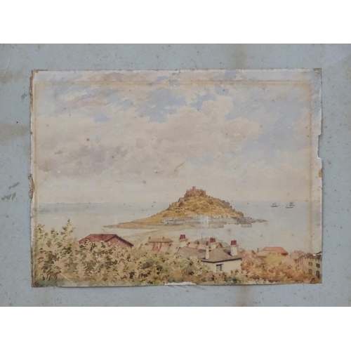 189 - FM c. 1910 Cornish School, Pencil and watercolour, View of St Michael's Mount from Marazion.  Cornwa... 