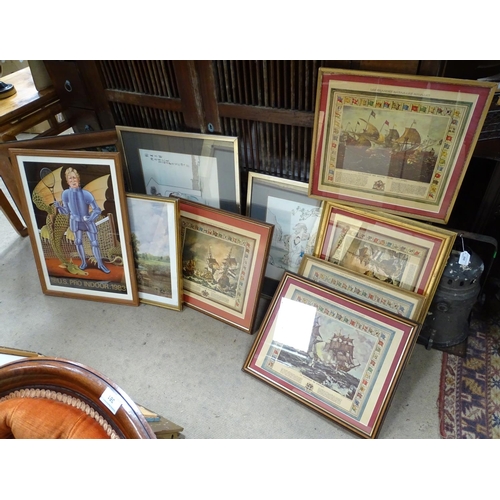 197 - A collection of 23 framed pictures to include a series of naval battle scenes