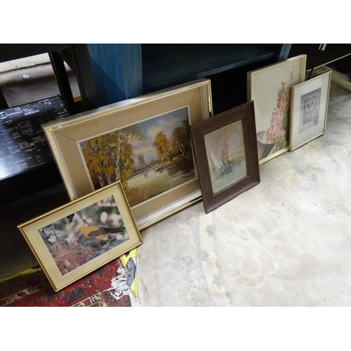 204 - Assorted paintings and prints to include, Lehnea (XX), Oil on canvas, River landscape with silver bi... 