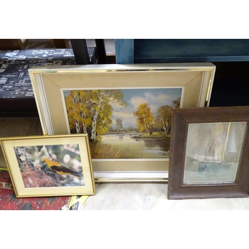 204 - Assorted paintings and prints to include, Lehnea (XX), Oil on canvas, River landscape with silver bi... 