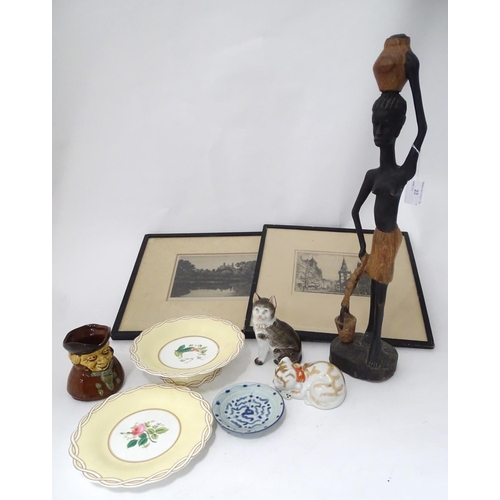 23 - A quantity of assorted to include a small oriental dish, 2 ceramic models of cats, one seated, one r... 