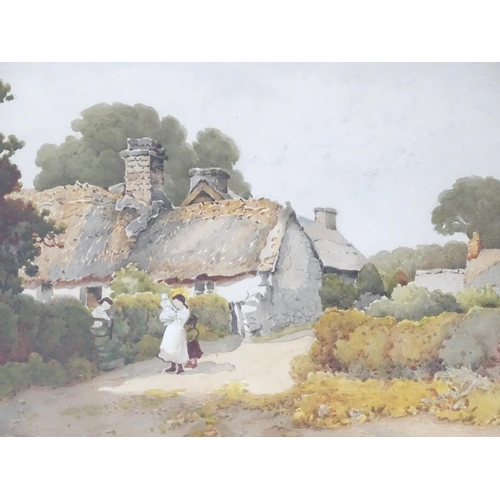 282 - A watercolour of an old stone country cottage, with figures in the foreground