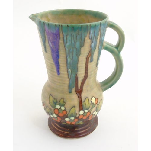 295 - An Art Deco Crown Devon Fieldings 'Mattita' double handled vase / jug with tube lined and drip glaze... 