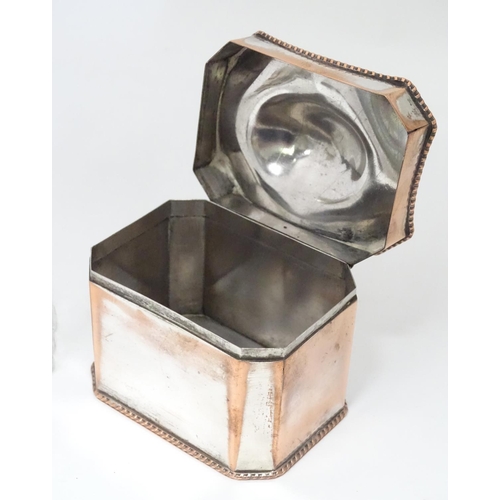 300 - A Sheffield plated tea caddy of oblong form, together with a glass sugar shaker with EPNS lid